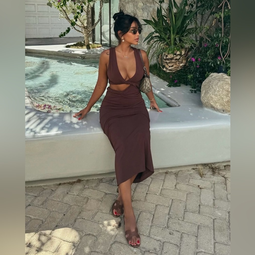 Zara dress fitted bodycon Brown Cutout Midi Party Wedding Coctail - Picture 3 of 16